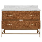 Bath Vanity in Matte Dark Burl Wood and Antique Brass with White Marble Top and Porcelain Sink, 48" Wide