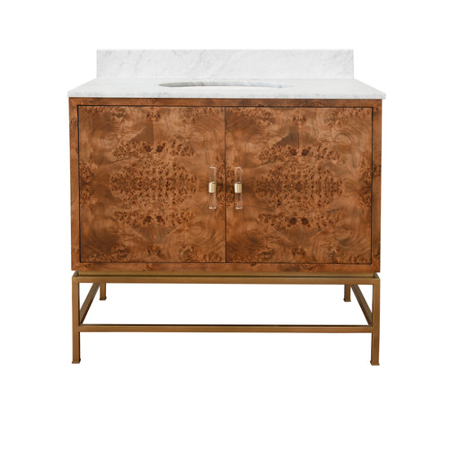 Bath Vanity in Matte Dark Burl Wood and Antique Brass with White Marble Top and Porcelain Sink
