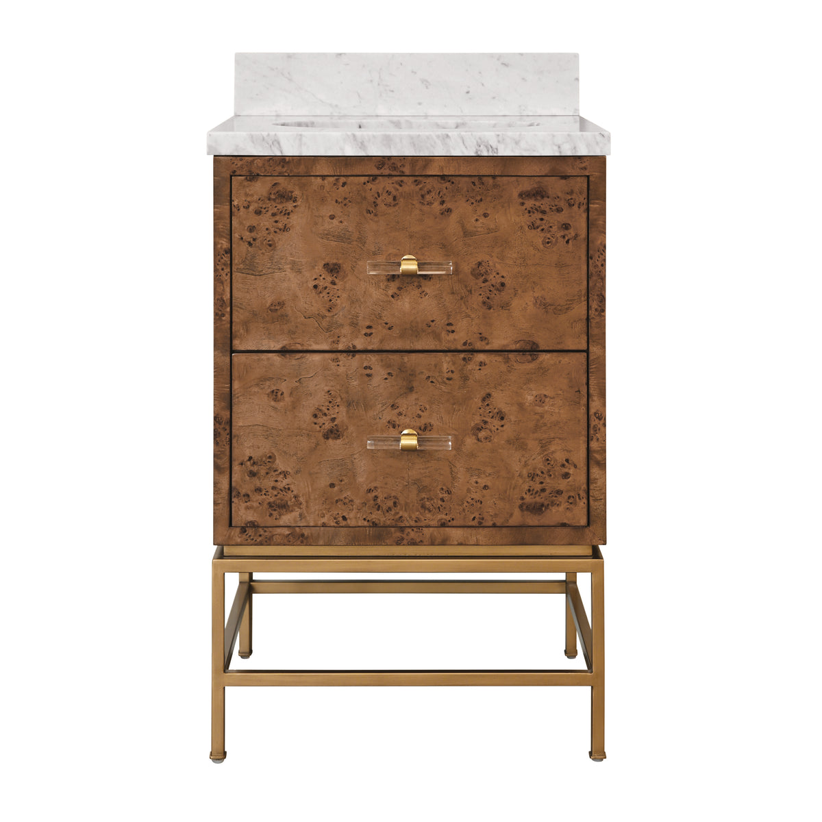 Two Drawer Bath Vanity in Matte Dark Burl Wood with Antique Brass Metal Frame and Acrylic and Brass Hardware