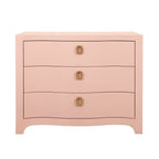 Curved Front Chest with Three Drawers in Textured Pink Linen with Satin Brass Ring Hardware