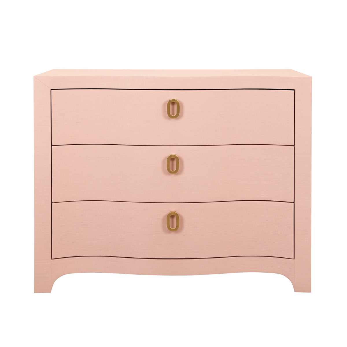 Curved Front Chest with Three Drawers in Textured Pink Linen with Satin Brass Ring Hardware