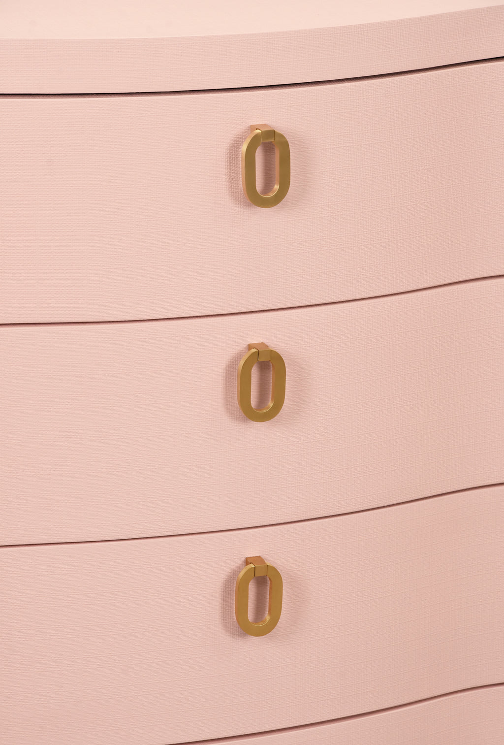 Curved Front Chest with Three Drawers in Textured Pink Linen with Satin Brass Ring Hardware