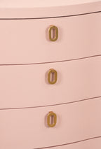 Curved Front Chest with Three Drawers in Textured Pink Linen with Satin Brass Ring Hardware