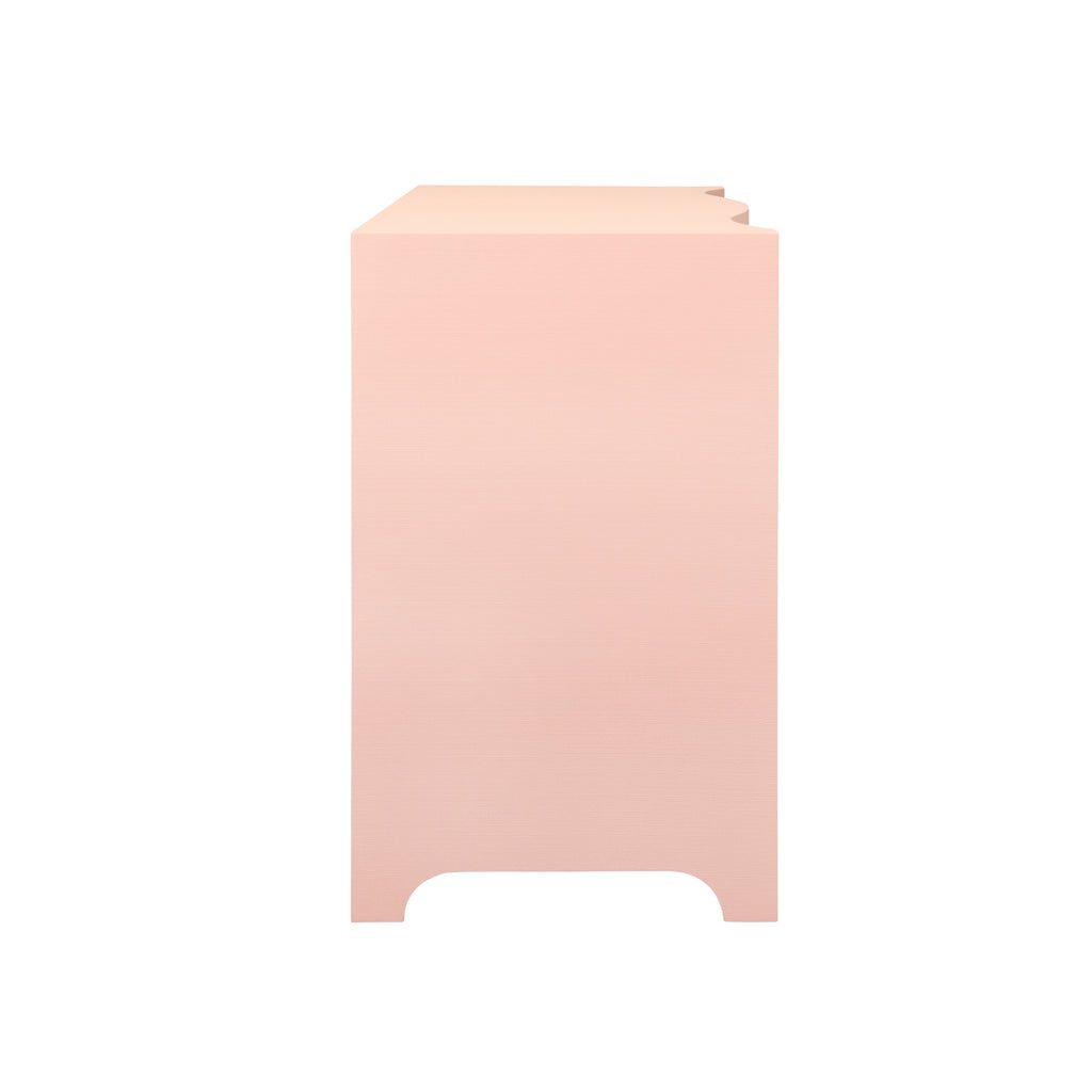 Curved Front Chest with Three Drawers in Textured Pink Linen with Satin Brass Ring Hardware