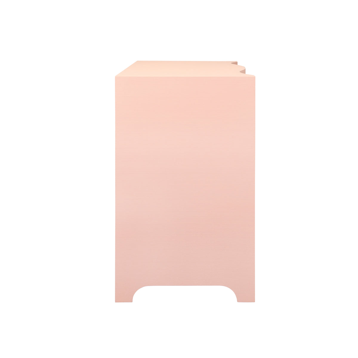 Curved Front Chest with Three Drawers in Textured Pink Linen with Satin Brass Ring Hardware