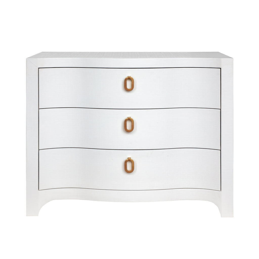 Curved Front Chest with Three Drawers in White Textured Linen with Satin Brass Ring Hardware