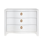 Curved Front Chest with Three Drawers in White Textured Linen with Satin Brass Ring Hardware