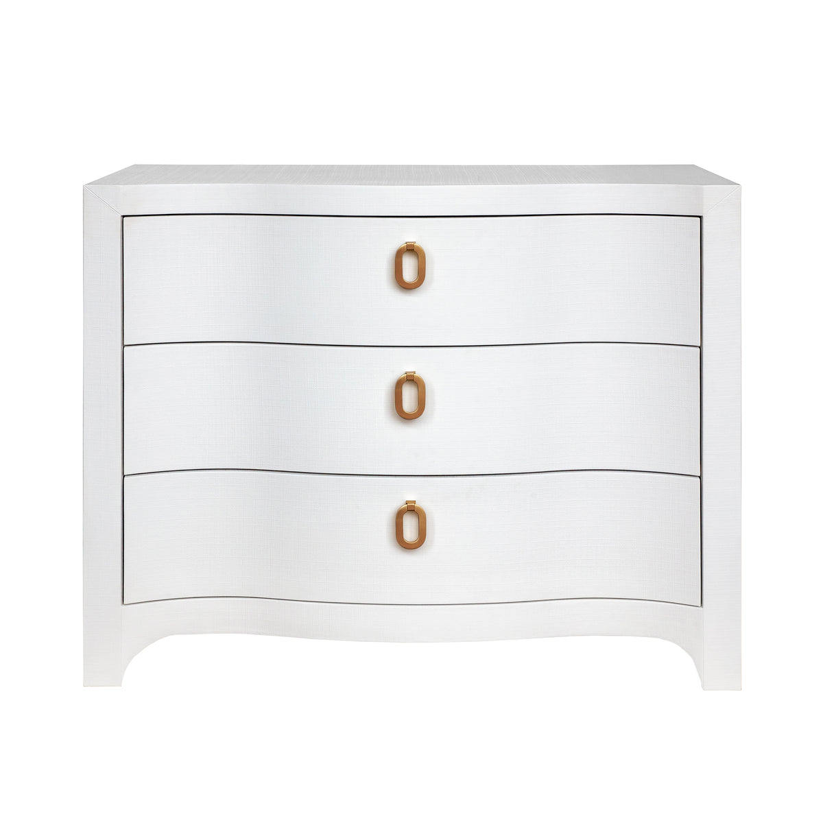 Curved Front Chest with Three Drawers in White Textured Linen with Satin Brass Ring Hardware