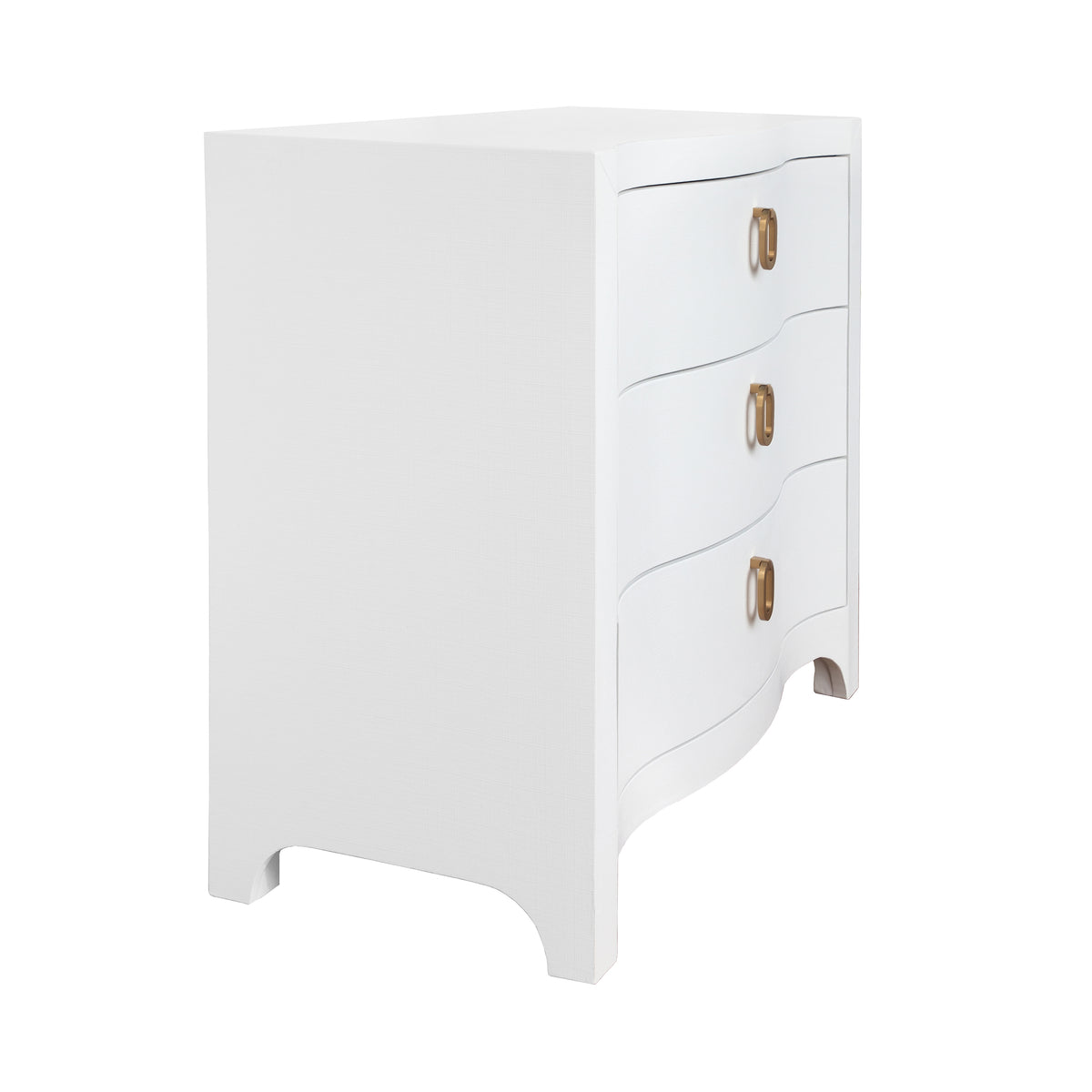 Curved Front Chest with Three Drawers in White Textured Linen with Satin Brass Ring Hardware