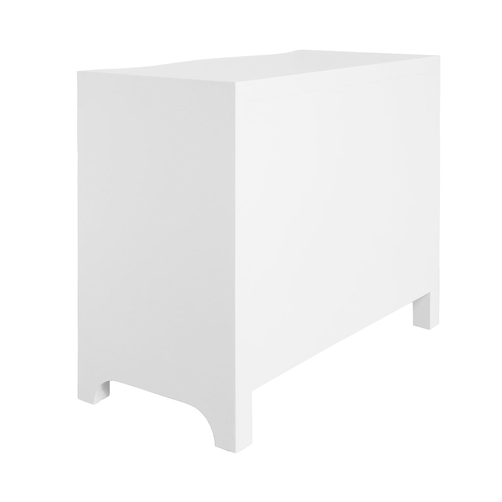 Curved Front Chest with Three Drawers in White Textured Linen with Satin Brass Ring Hardware