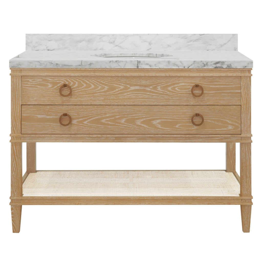 Bath Vanity in Cerused Oak with Open Cane Shelf, White Marble Top, Porcelain Sink, and Antique Brass Ring Hardware, 48" Wide