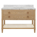 Bath Vanity in Cerused Oak with Open Cane Shelf, White Marble Top, Porcelain Sink, and Antique Brass Ring Hardware, 48" Wide