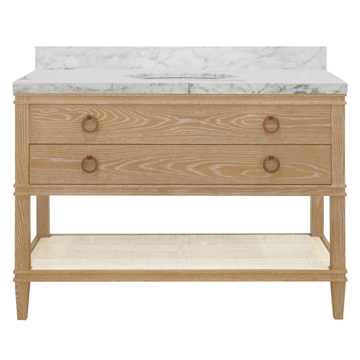 Bath Vanity in Cerused Oak with Open Cane Shelf, White Marble Top, Porcelain Sink, and Antique Brass Ring Hardware, 48" Wide
