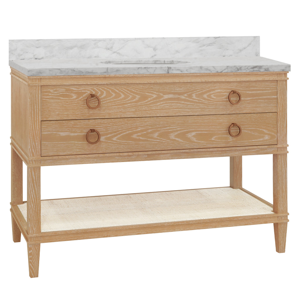 Bath Vanity in Cerused Oak with Open Cane Shelf, White Marble Top, Porcelain Sink, and Antique Brass Ring Hardware, 48" Wide