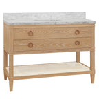 Bath Vanity in Cerused Oak with Open Cane Shelf, White Marble Top, Porcelain Sink, and Antique Brass Ring Hardware, 48" Wide