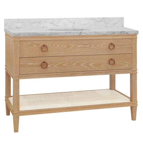 Bath Vanity in Cerused Oak with Open Cane Shelf, White Marble Top, Porcelain Sink, and Antique Brass Ring Hardware, 48" Wide
