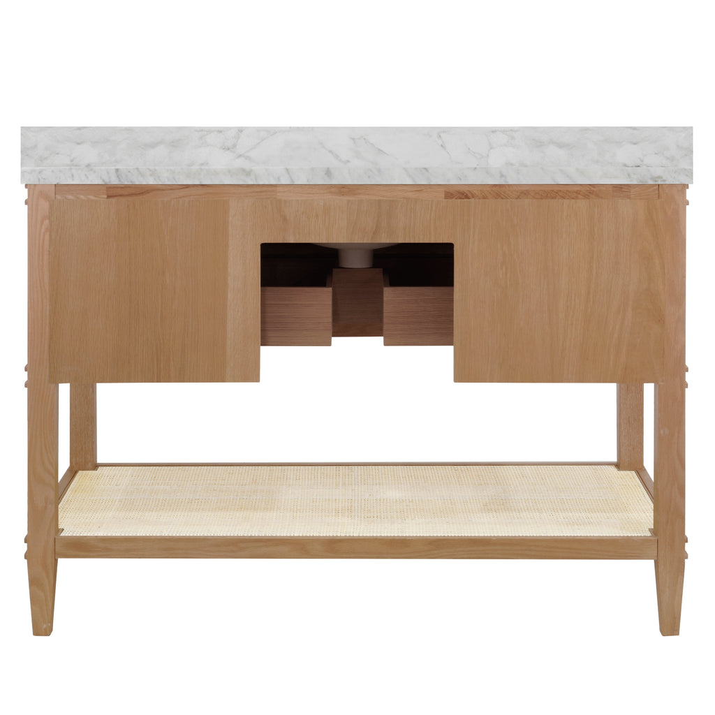 Bath Vanity in Cerused Oak with Open Cane Shelf, White Marble Top, Porcelain Sink, and Antique Brass Ring Hardware, 48" Wide