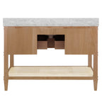 Bath Vanity in Cerused Oak with Open Cane Shelf, White Marble Top, Porcelain Sink, and Antique Brass Ring Hardware, 48" Wide