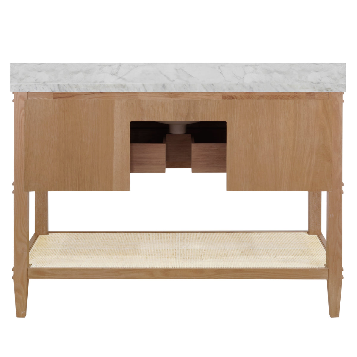 Bath Vanity in Cerused Oak with Open Cane Shelf, White Marble Top, Porcelain Sink, and Antique Brass Ring Hardware, 48" Wide