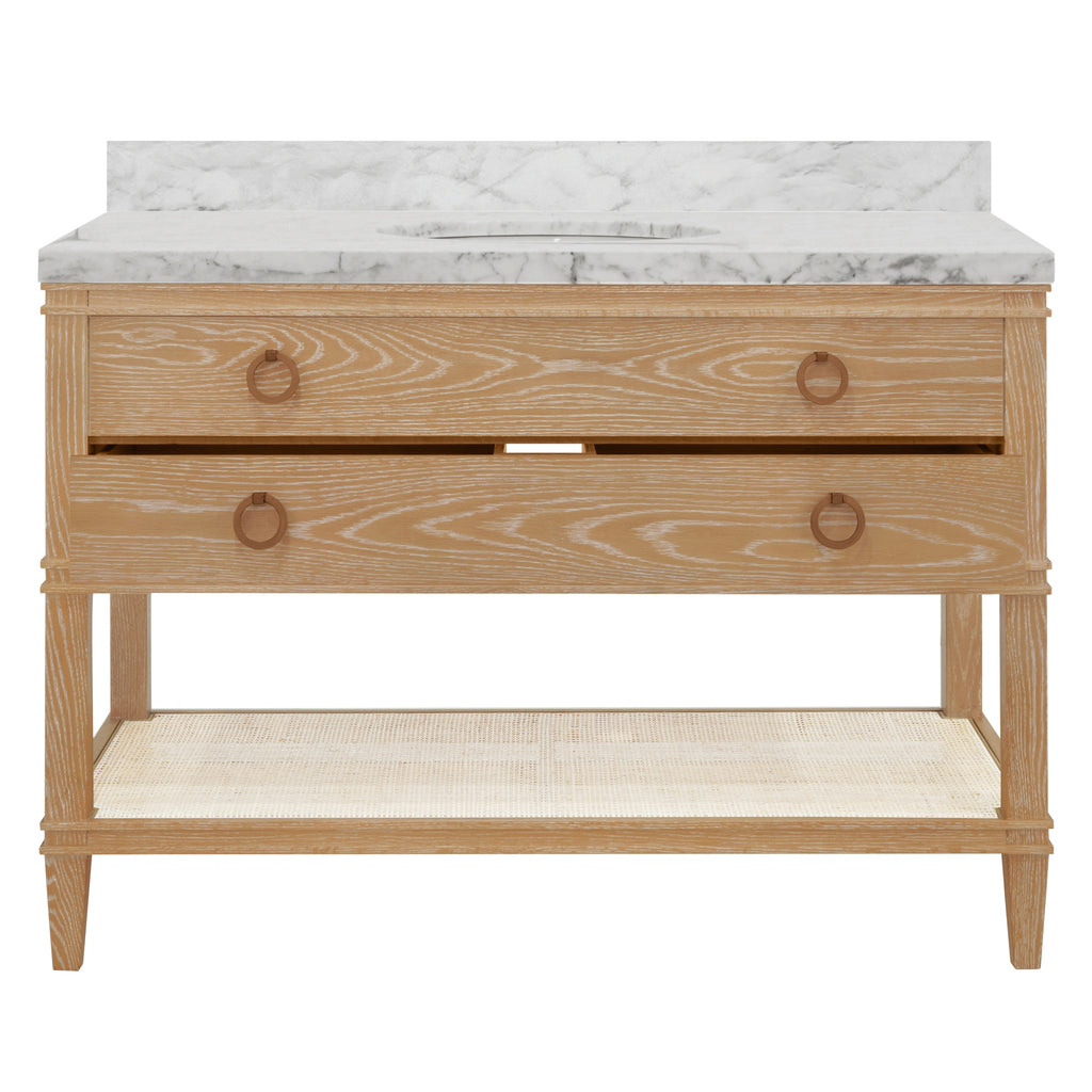 Bath Vanity in Cerused Oak with Open Cane Shelf, White Marble Top, Porcelain Sink, and Antique Brass Ring Hardware, 48" Wide