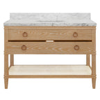 Bath Vanity in Cerused Oak with Open Cane Shelf, White Marble Top, Porcelain Sink, and Antique Brass Ring Hardware, 48" Wide