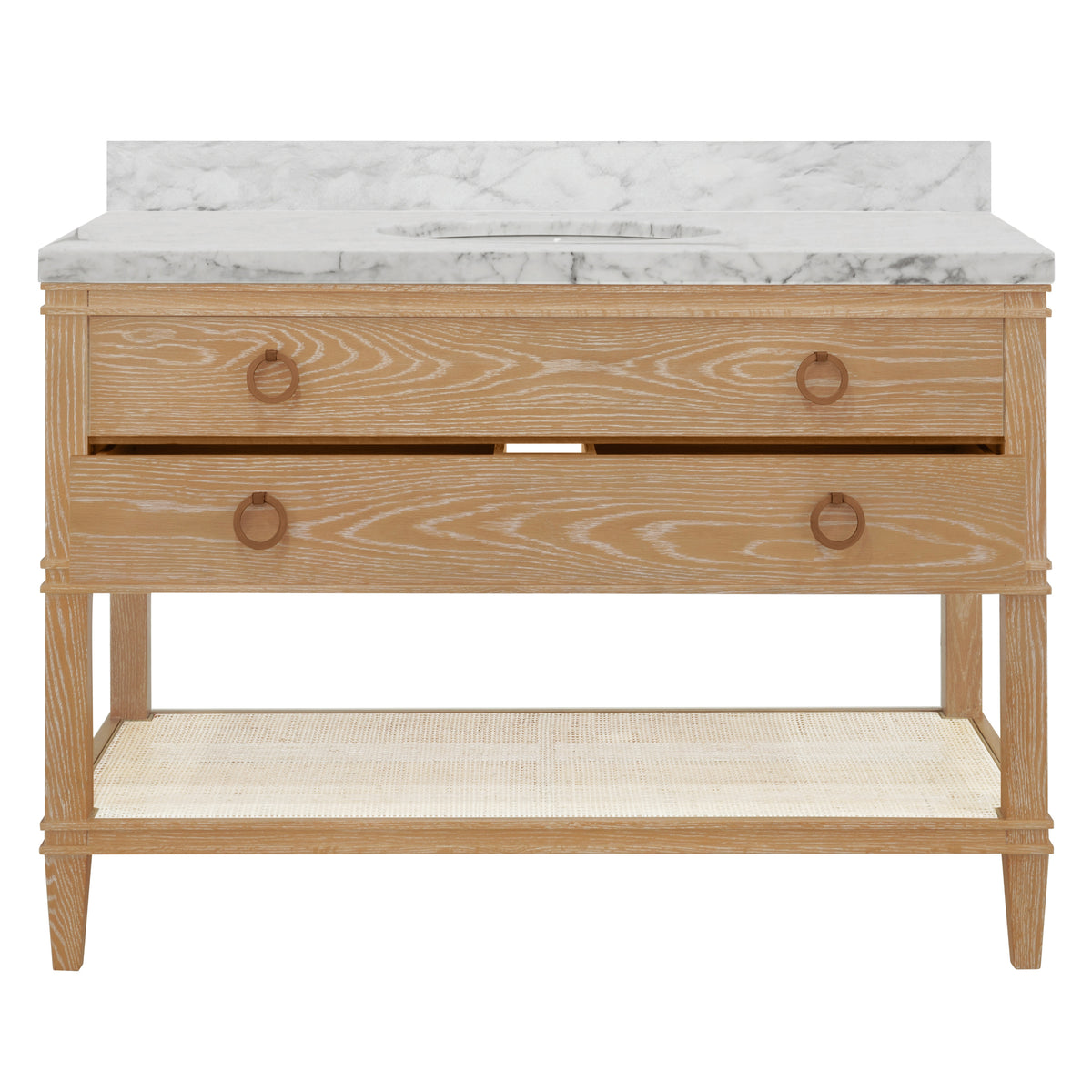 Bath Vanity in Cerused Oak with Open Cane Shelf, White Marble Top, Porcelain Sink, and Antique Brass Ring Hardware, 48" Wide