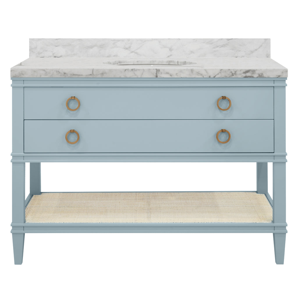 Bath Vanity in Matte Light Blue Lacquer with Open Cane Shelf, White Marble Top, Porcelain Sink, and Antique Brass Ring Hardware, 48" Wide