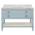 Bath Vanity in Matte Light Blue Lacquer with Open Cane Shelf, White Marble Top, Porcelain Sink, and Antique Brass Ring Hardware, 48" Wide