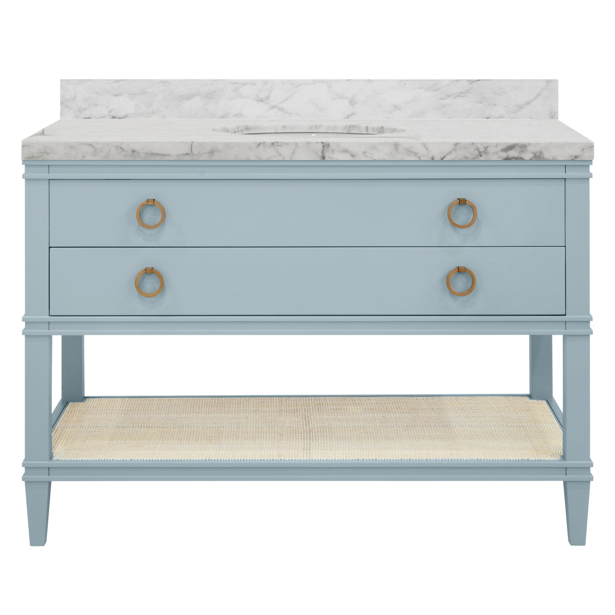 Bath Vanity in Matte Light Blue Lacquer with Open Cane Shelf, White Marble Top, Porcelain Sink, and Antique Brass Ring Hardware, 48" Wide