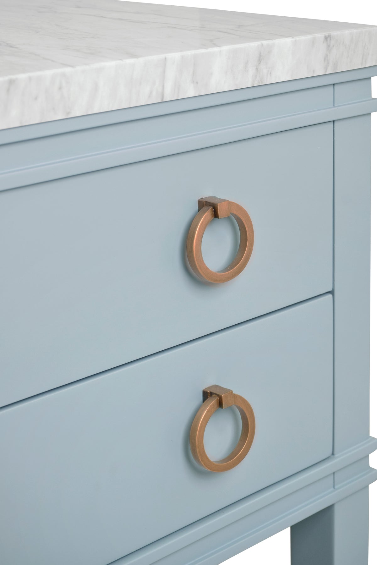 Bath Vanity in Matte Light Blue Lacquer with Open Cane Shelf, White Marble Top, Porcelain Sink, and Antique Brass Ring Hardware, 48" Wide