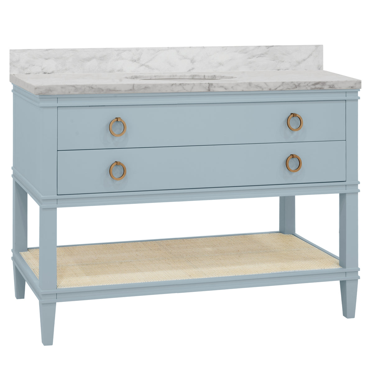 Bath Vanity in Matte Light Blue Lacquer with Open Cane Shelf, White Marble Top, Porcelain Sink, and Antique Brass Ring Hardware, 48" Wide