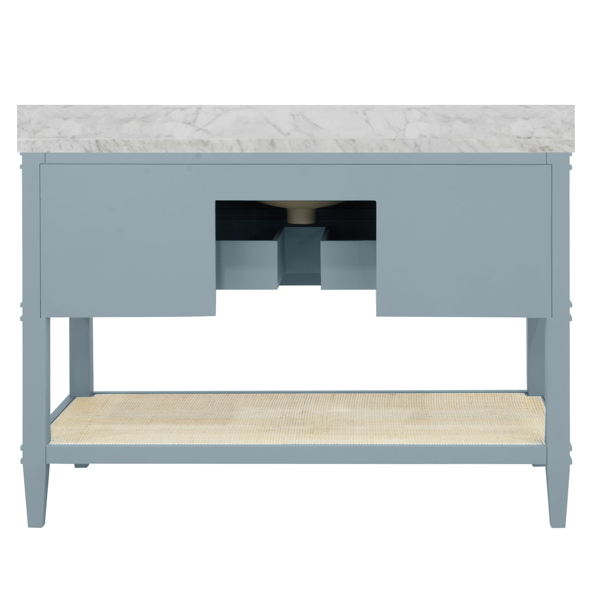 Bath Vanity in Matte Light Blue Lacquer with Open Cane Shelf, White Marble Top, Porcelain Sink, and Antique Brass Ring Hardware, 48" Wide