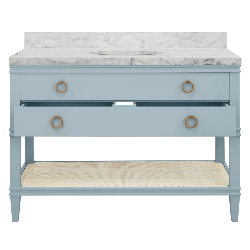 Bath Vanity in Matte Light Blue Lacquer with Open Cane Shelf, White Marble Top, Porcelain Sink, and Antique Brass Ring Hardware, 48" Wide