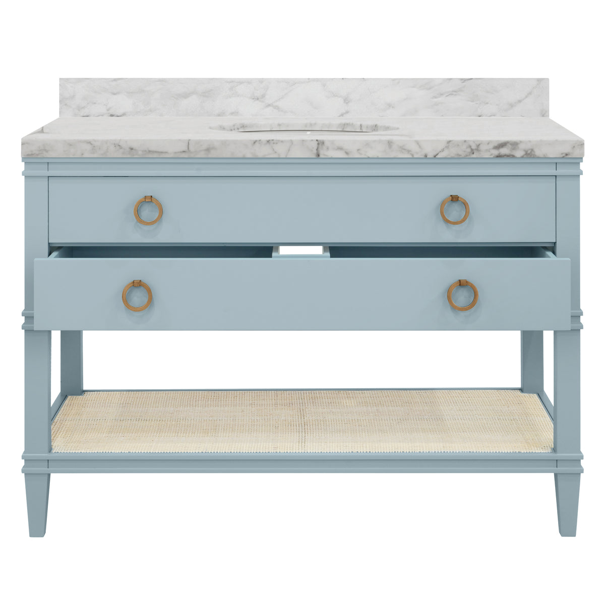 Bath Vanity in Matte Light Blue Lacquer with Open Cane Shelf, White Marble Top, Porcelain Sink, and Antique Brass Ring Hardware, 48" Wide
