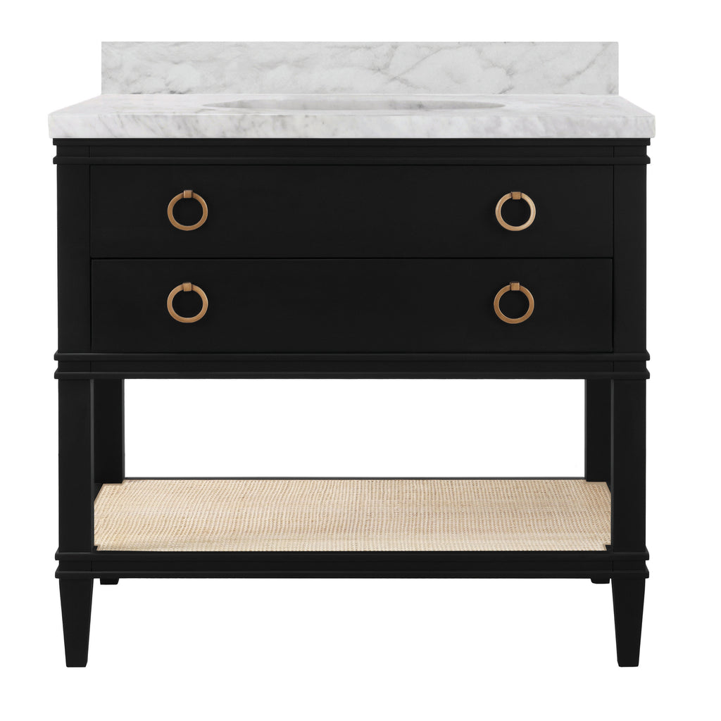 Bath Vanity in Matte Black Lacquer with Open Cane Shelf, White Marble Top, Porcelain Sink, and Antique Brass Ring Hardware