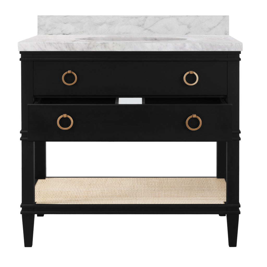 Bath Vanity in Matte Black Lacquer with Open Cane Shelf, White Marble Top, Porcelain Sink, and Antique Brass Ring Hardware