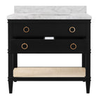 Bath Vanity in Matte Black Lacquer with Open Cane Shelf, White Marble Top, Porcelain Sink, and Antique Brass Ring Hardware