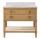 Bath Vanity in Cerused Oak with Open Cane Shelf, White Marble Top, Porcelain Sink, and Antique Brass Ring Hardware