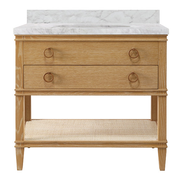 Bath Vanity in Cerused Oak with Open Cane Shelf, White Marble Top, Porcelain Sink, and Antique Brass Ring Hardware