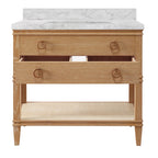 Bath Vanity in Cerused Oak with Open Cane Shelf, White Marble Top, Porcelain Sink, and Antique Brass Ring Hardware