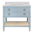 Bath Vanity in Matte Light Blue Lacquer with Open Cane Shelf, White Marble Top, and Porcelain Sink