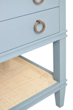 Bath Vanity in Matte Light Blue Lacquer with Open Cane Shelf, White Marble Top, and Porcelain Sink