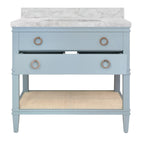 Bath Vanity in Matte Light Blue Lacquer with Open Cane Shelf, White Marble Top, and Porcelain Sink