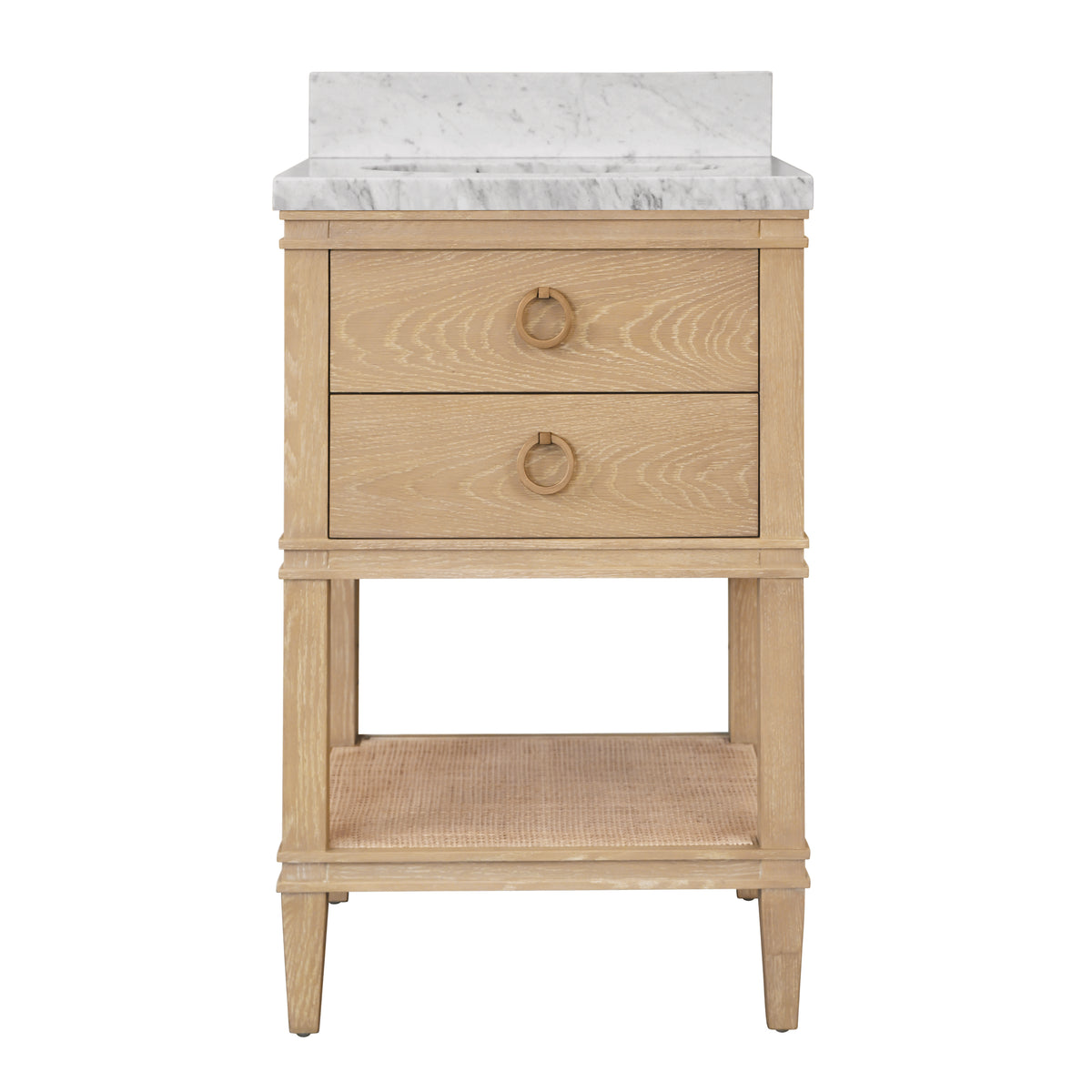 Bath Vanity in Cerused Oak with Open Cane Shelf, White Marble Top, Porcelain Sink, and Antique Brass Ring Hardware