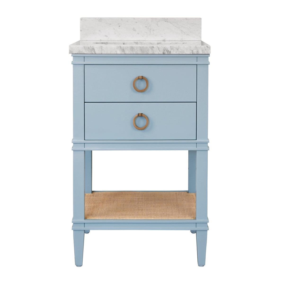 Bath Vanity in Matte Light Blue Lacquer with Open Cane Shelf, White Marble Top, Porcelain Sink, and Antique Brass Ring Hardware