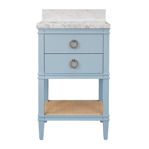 Bath Vanity in Matte Light Blue Lacquer with Open Cane Shelf, White Marble Top, Porcelain Sink, and Antique Brass Ring Hardware
