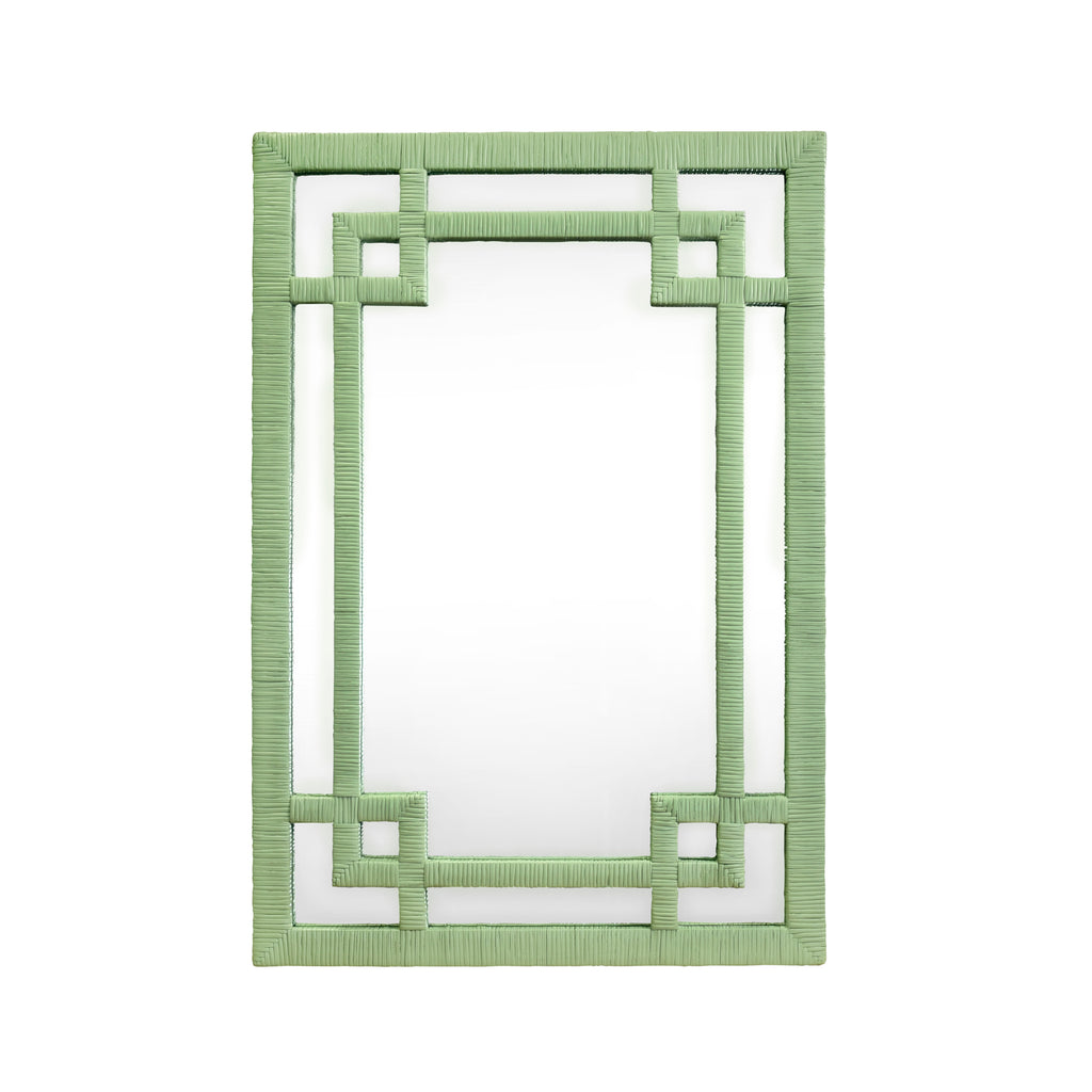 Greek Key Design Mirror in Wrapped Rattan in Sage Green