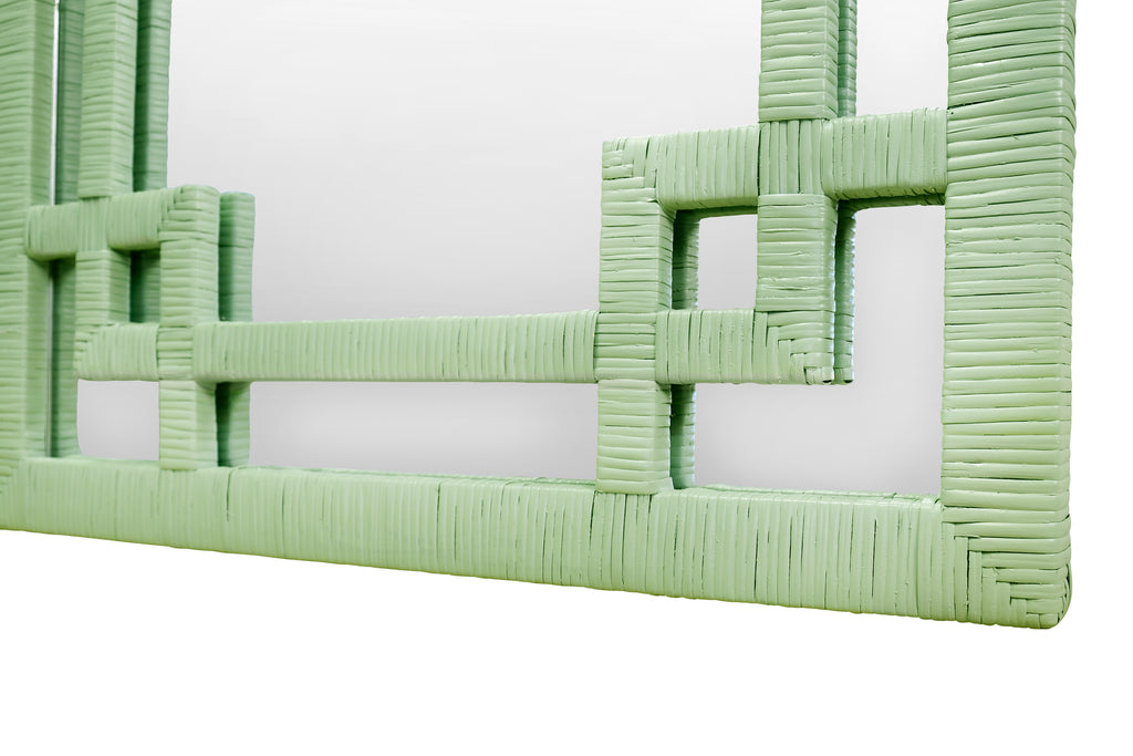 Greek Key Design Mirror in Wrapped Rattan in Sage Green