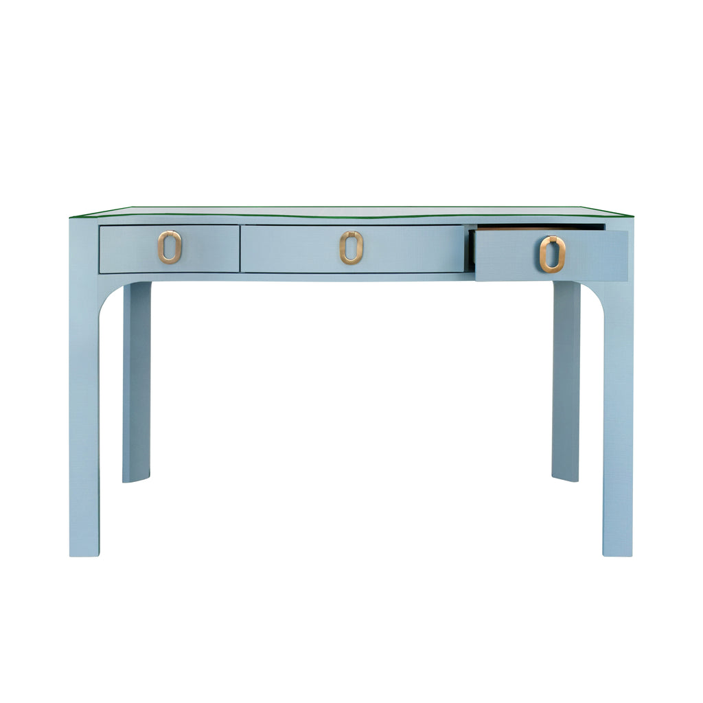 Curved Front Desk with Three Drawers in Light Blue Textured Linen with Satin Brass Ring Hardware and Glass Top
