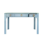 Curved Front Desk with Three Drawers in Light Blue Textured Linen with Satin Brass Ring Hardware and Glass Top